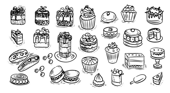 
Pastries  cakes cupcakes vector graphics  engraving sketch. hand drawn picture sweet food menu cooking dough sweets. print textile logo background
