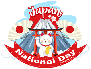 Japan National Day banner with Japanese Cat on Mount Fuji background