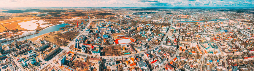 Brest, Belarus. Brest Cityscape Skyline In Spring Day. Bird's-eye View Of Residential Districts....