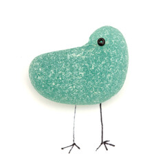 funny little birds made of a piece of seaglass, with sketchily drawn legs and beak, isolated on white background
