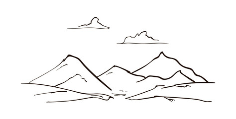 Vector Hand drawn Mountains sketch landscape with peaks and clouds. Line design