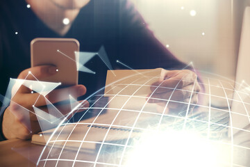 Naklejka premium Multi exposure of man's hands holding and using a digital device and map drawing. International business concept.