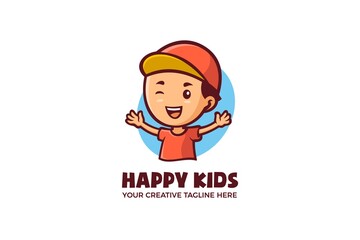Happy Little Boy Cartoon Mascot Logo Template