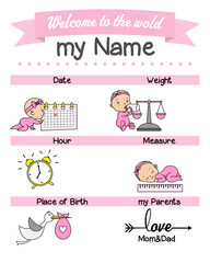 Baby birth print. Baby data template at birth. Weight, measurement, place, time and day of birth