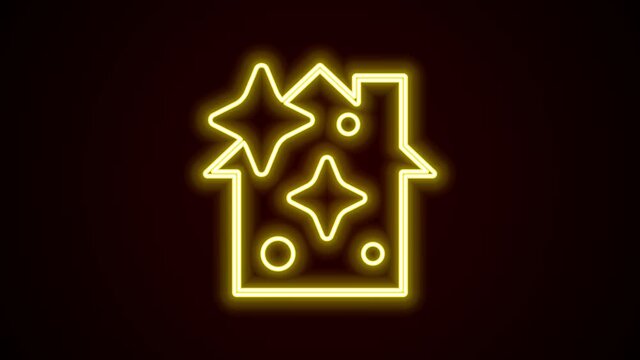 Glowing neon line Home cleaning service concept icon isolated on black background. Building and house. 4K Video motion graphic animation