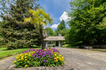 The pavilion of the Prusik mineral spring (Prusíkův pramen) in the park next to the spa house in the small Czech spa town of Konstantinovy Lázně - Czech Republic