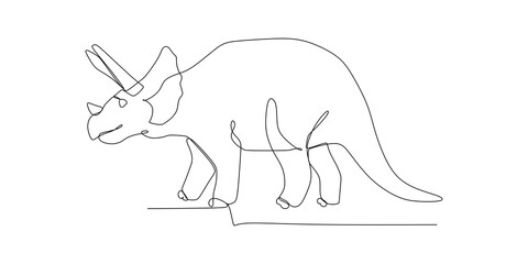 Single continuous line drawing of triceratops, herbivore Dino. Prehistoric animal mascot concept for dinosaurs theme amusement park icon