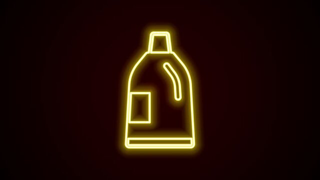 Glowing neon line Plastic bottle for laundry detergent, bleach, dishwashing liquid or another cleaning agent icon isolated on black background. 4K Video motion graphic animation
