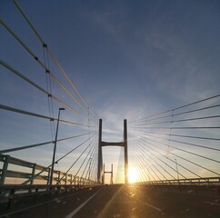 New severn bridge between Wales and england at sundown