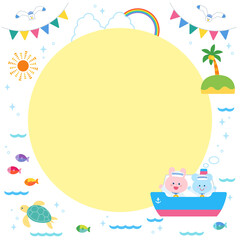 夏の海と船と動物たち　かわいい丸フレーム