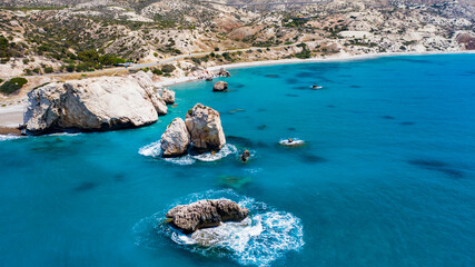 Cyprus. Aphrodite's rock aerial view Petra-Tu-Romiou. Bay of Aphrodite. Mediterranean sea. Seascape...