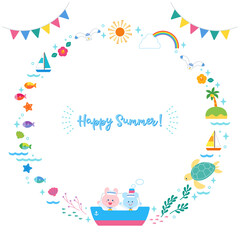 夏の海と船と動物たち　かわいい丸フレーム