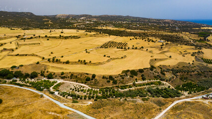 Naklejka premium panoramic view of Cyprus road along coastline and small villages, aerial photography of popular tourist destination. clear sky