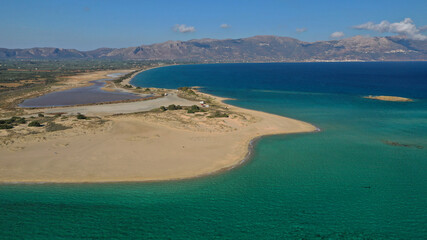 Aerial drone photo of beautiful exotic sandy seascape and beach of Pounta with beautiful clouds and deep blue sky close to famous Elafonisos island, Peloponnese, Lakonia, Greece