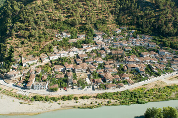 Aerial Village View with River. Berat, Albania