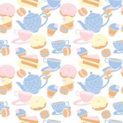 Tea party. Vector seamless patterns of cups, teapot, baked goods, sweets. suitable for advertising, packaging, backdrops, invitation designs, postcards, DIY projects