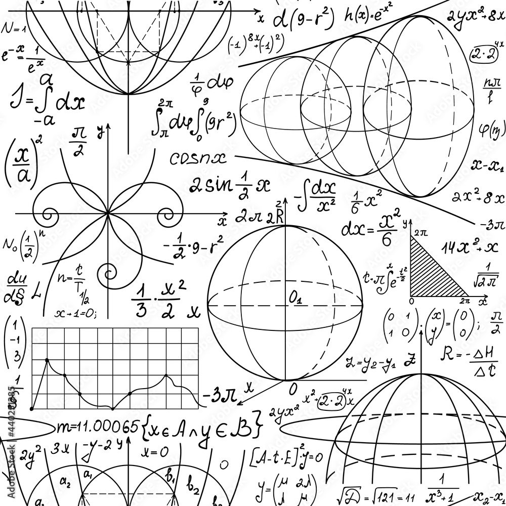 Wall mural math vector seamless background with formulas, calculations, figures, plots and handwritten equation
