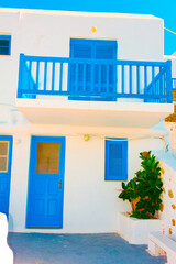 Traditional view of wooden bluew frames in Mykonos Island greece Cyclades - 440251228