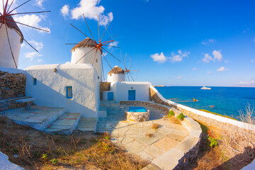 Windmills view with their bases Mykonos island Greece Cyclades - 440251488