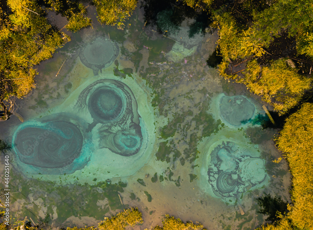 Poster Aerial view of beautiful, colorful, small lakes in Altai