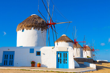 Close on the first of the windmills in Mykonos island cyclades Greece - 440251828