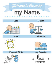 Baby birth print. Baby data template at birth. Weight, measurement, place, time and day of birth