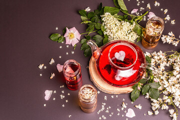 Assortment flowers tea. Fresh elderberry, rose hip, and acacia