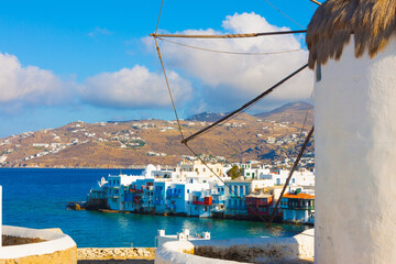 Little Venice view with a windmill part in the frame in Mykonos island in cyclades Greece - 440252257