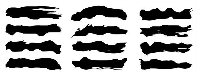 Vector collection of artistic grungy black paint hand made creative brush stroke set isolated on banner background. A group of abstract grunge sketches for design education or graphic art decoration