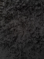 Black animal wool texture background. Close-up texture of plush fluffy fur rug for product backdrop, straight view
