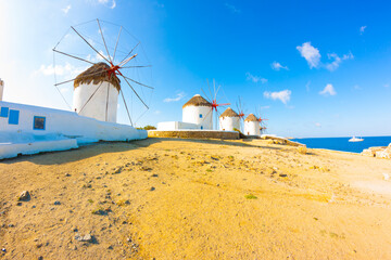 Panoramic view of windmills in Mykonos Island Greece Cyclades - 440252485