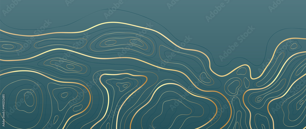 Wall mural luxury gold abstract line art background vector. mountain topographic map background with golden lin