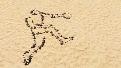 Concept conceptual stones on beach sand handmade symbol shape, golden sandy background, basketball player sign.  A 3d illustration metaphor for sport, competition, training, relaxation, family and fun