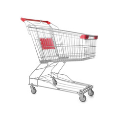Empty metal shopping cart isolated on white