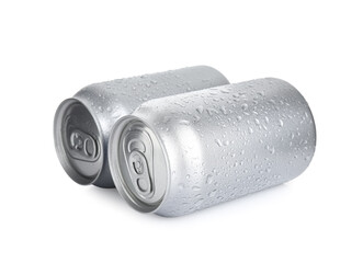 Aluminium cans of beverage on white background