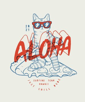 Cute surfing cat character in shades on a pizza slice. Aloha cat cute summer sports vector illustration t-shirt print for kids. Great for silk screen.
