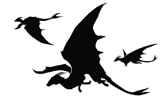 A black silhouette of a flock of horned dragons peacefully flying across the sky on their huge clawed wings, webbing on their tails to help in flight. 2d illustration