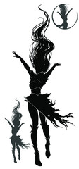 The black silhouette of a beautiful slender witch floating in the air with a sexy body, she is dressed in torn rags and armor, she spread her hands in hundreds casting spells, her hair rises up. 2d