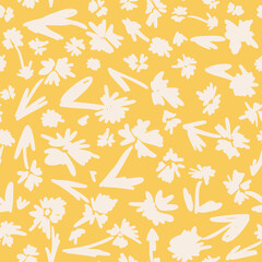 Flat botanical seamless repeat pattern. Random placed, vector abstract silhouette flowers with leaves all over surface print on yellow background.