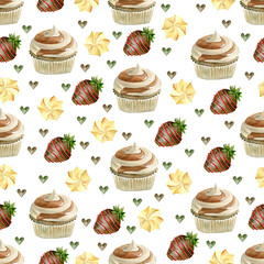 seamless
pattern with watercolor cupcakes on a white background. Suitable for creating prints on textiles, paper, for backgrounds