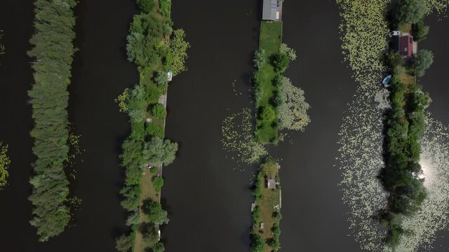 Aerial view of small islands in the Lake Loosdrechtse Plassen, near Breukelen, the Netherlands 