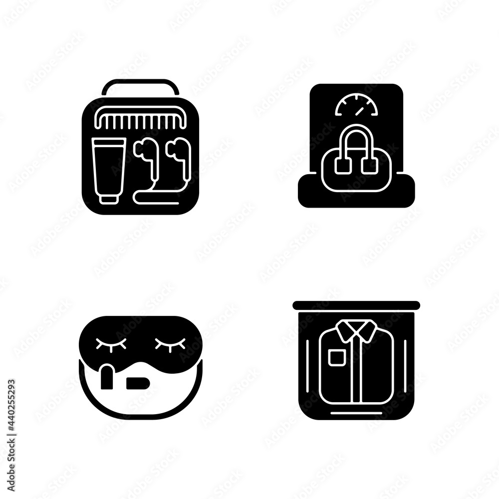 Sticker Essential things for travelling black glyph icons set on white space. Portable handbang. Clothing packing. Mini size objects for tourist comfort. Silhouette symbols. Vector isolated illustration