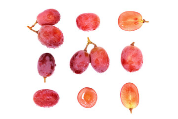 an arrangement of grapes, cut, sliced, halved, whole, paired, all shot on a white background