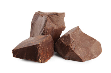 Pieces of tasty milk chocolate on white background