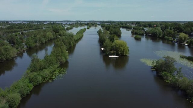 Aerial view of small islands in the Lake Loosdrechtse Plassen, near Breukelen, the Netherlands 