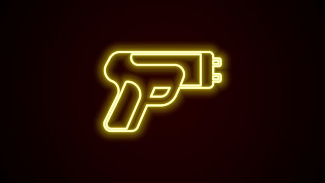 Glowing neon line Police electric shocker icon isolated on black background. Shocker for protection. Taser is an electric weapon. 4K Video motion graphic animation
