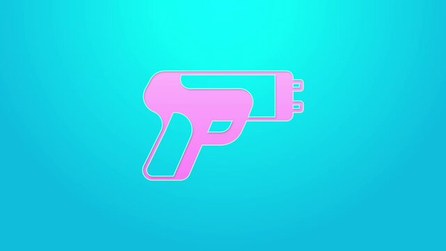 Pink line Police electric shocker icon isolated on blue background. Shocker for protection. Taser is an electric weapon. 4K Video motion graphic animation