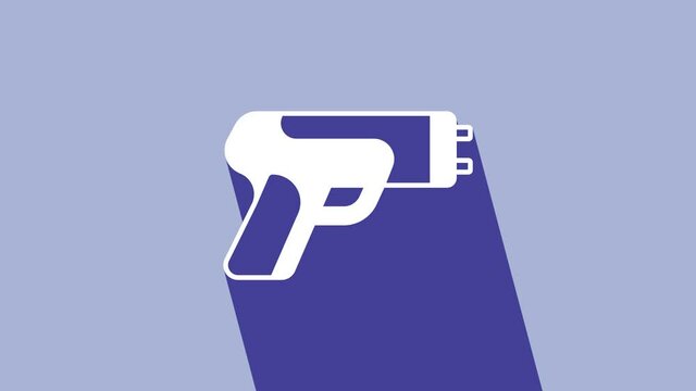 White Police electric shocker icon isolated on purple background. Shocker for protection. Taser is an electric weapon. 4K Video motion graphic animation