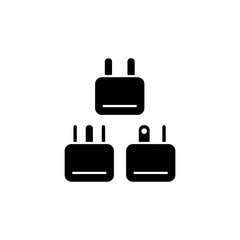 Travel adapter black glyph icon. Universal plug for airplane passenger. Portable amenities. Things for tourist. Travel size objects. Silhouette symbol on white space. Vector isolated illustration
