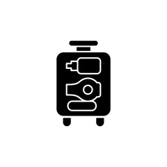 Open suitcase black glyph icon. Luggage with cosmetic and hygiene amenities for trip. Essential things for tourist. Travel size objects. Silhouette symbol on white space. Vector isolated illustration